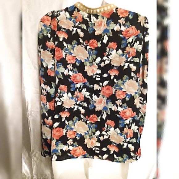 V neck Single-breasted Long-sleeved Floral Chiffon Shirts XL - Picture 9 of 12